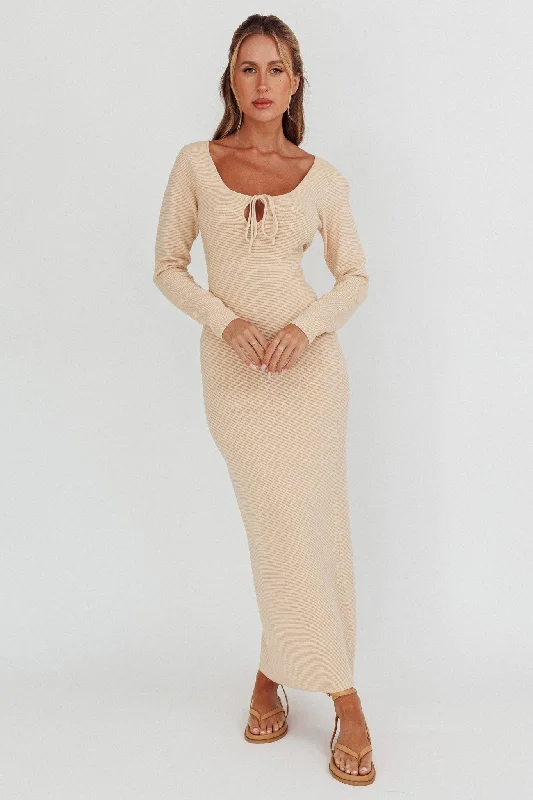 Merine Long Sleeve Knit Maxi Dress Sand Elegant Tiered Maxi Dress