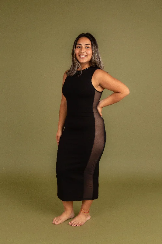 Mesh Midi Dress Petite in Black Trendy Ruched Side Midi Dress