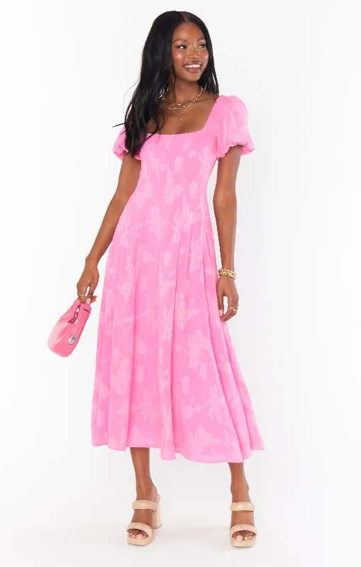 Mia Midi Dress ~ Pink Clip Floral Cozy Midi Dress with Pockets