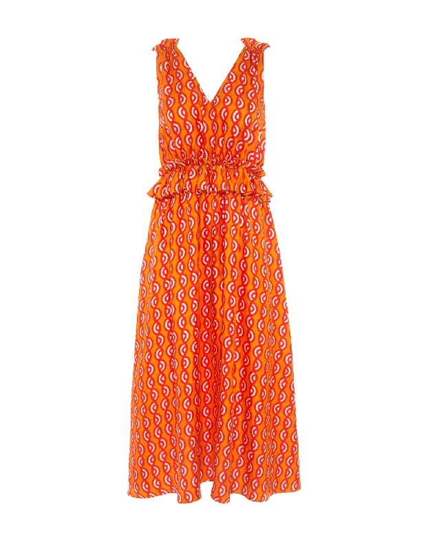 Mimi Orange Twister Print Silk Twill Midi Dress Comfortable Draped Midi Dress