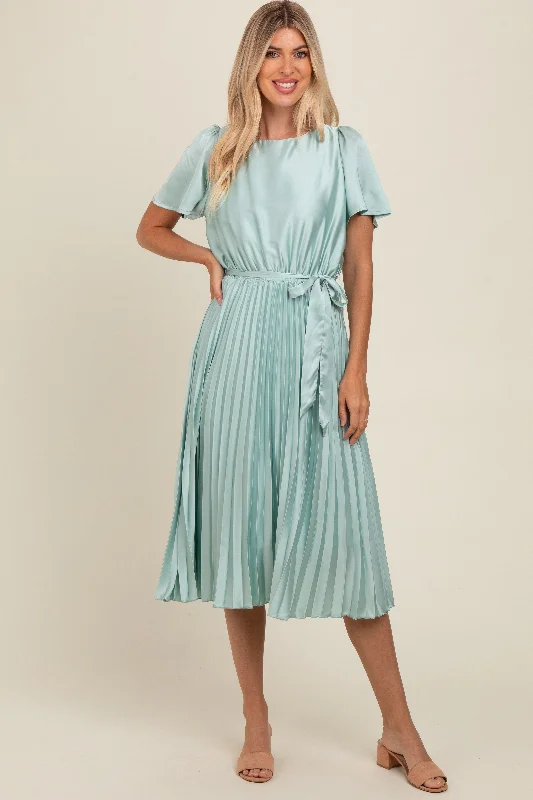 Mint Green Satin Pleated Sash Tie Midi Dress Fashionable Floral Embroidery Midi Dress