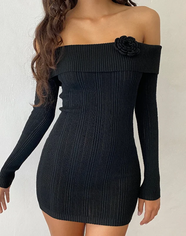 Mirabel Knitted Bardot Mini Dress in Black with Rosette Casual Button-Up Mini Dress