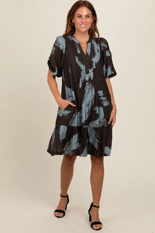 Mocha Abstract Print Button Up Midi Dress Trendy Ruffled Sleeve Midi Dress