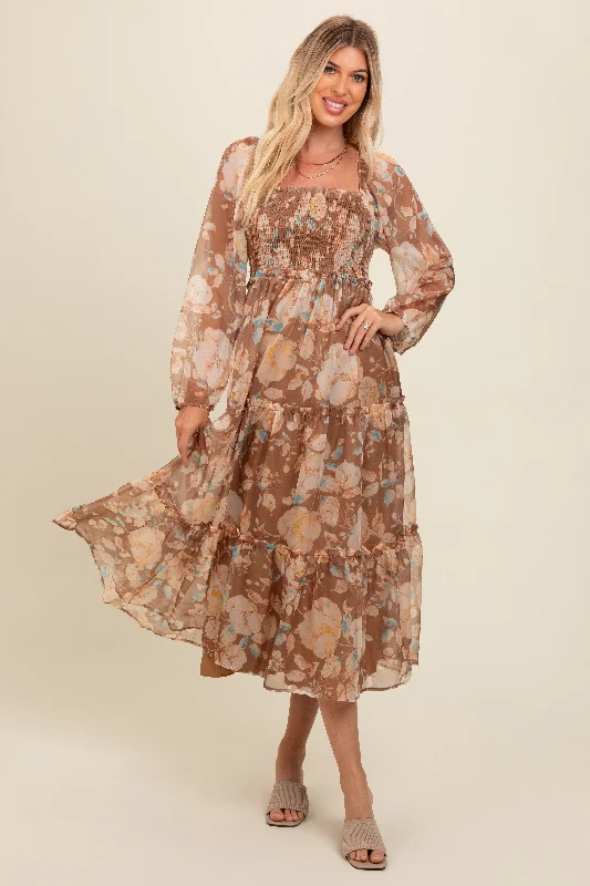 Mocha Floral Square Neck Smocked Midi Dress Stylish Midi Dress with Cuffs