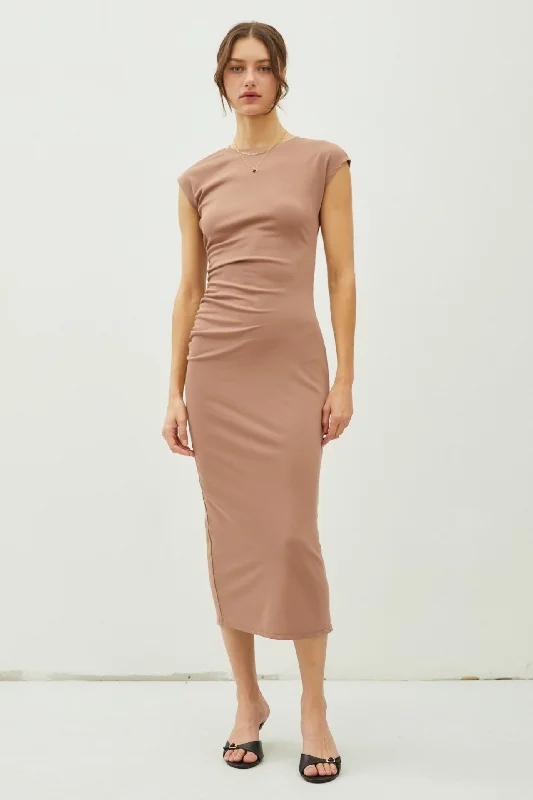 Mocha Side Ruched Midi Dress Trendy Mock Neck Midi Dress