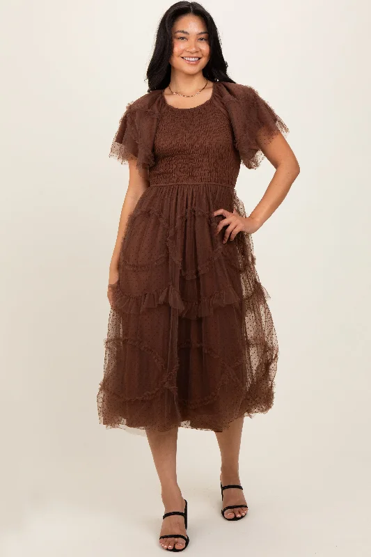 Mocha Smocked Ruffled Mesh Midi Dress Stylish Silk Midi Dress