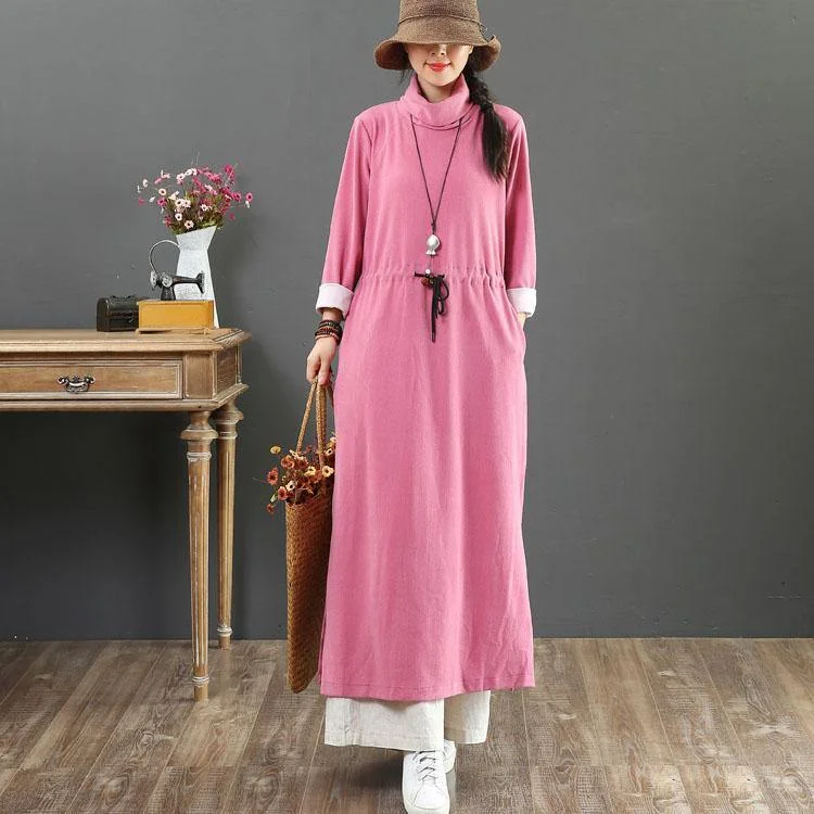 Modern high neck elastic waist cotton clothes Outfits rose Maxi Dress fall Cozy Ruffle Sleeve Maxi Dress