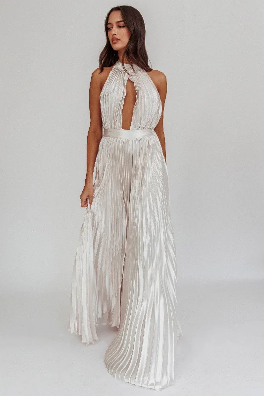 Monarch Pleated Satin Maxi Dress Champagne Fashionable Off-Shoulder Maxi Dress