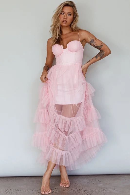 Moonlight Sonata Ruffle Mesh Maxi Dress Cameo Pink Trendy Maxi Dress with Lace