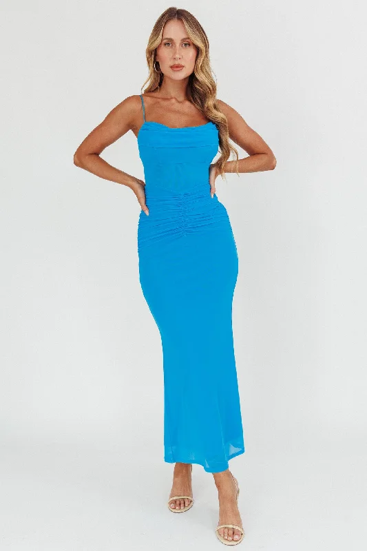Morella Ruched Waist Mesh Maxi Dress Blue Fashionable Asymmetrical Maxi Dress