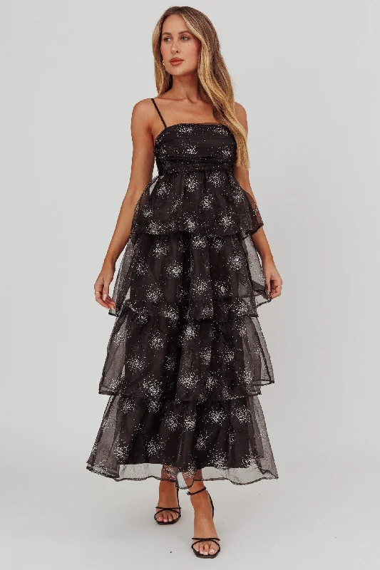 Morina Tiered Maxi Dress Glitter Black Stylish Button-Up Maxi Dress