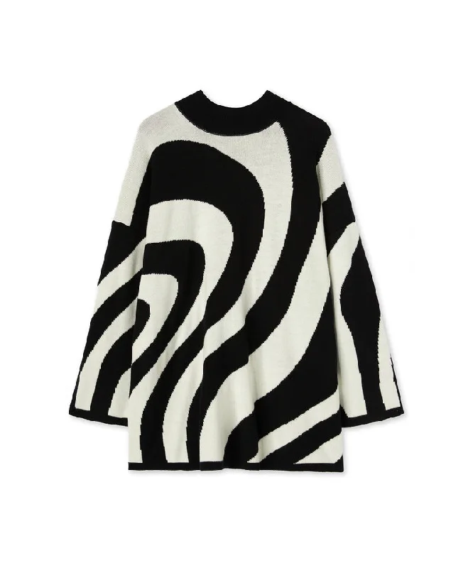 Midi dress with "Illusion Waves" print in pure wool White / Black Trendy Flared Sleeve Midi Dress