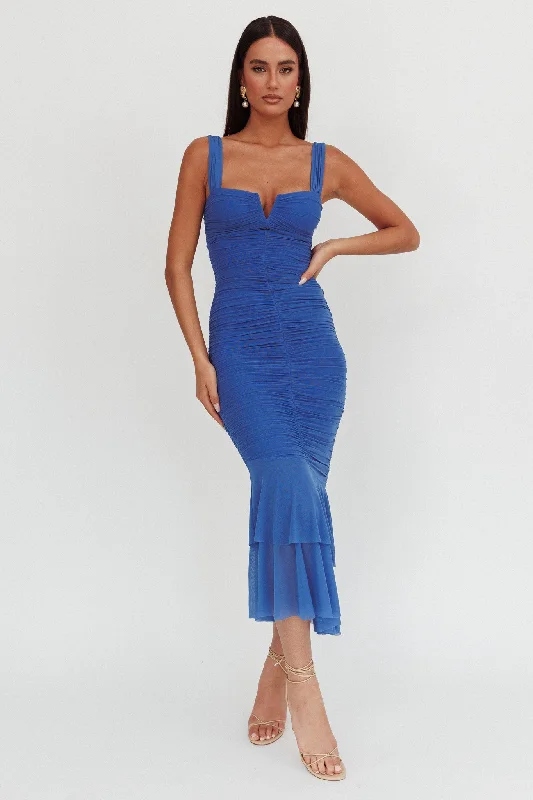 Nadia Ruched Fishtail Maxi Dress Blue Chic Button-Up Maxi Dress
