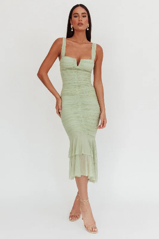 Nadia Ruched Fishtail Maxi Dress Pistachio Comfortable Fitted Maxi Dress