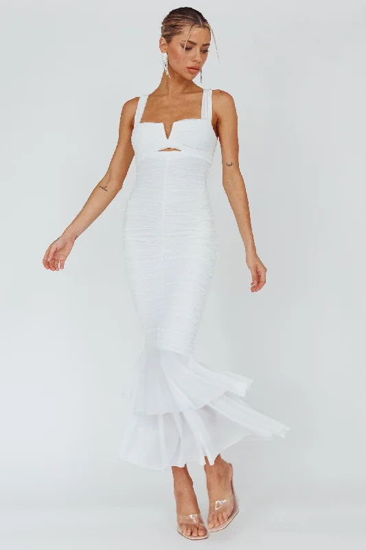 Nadia Ruched Fishtail Maxi Dress White Elegant Floral Maxi Dress