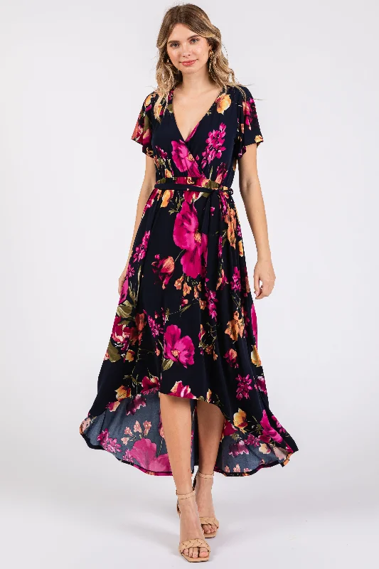 Navy Blue Floral Print Wrap Front V-Neck Hi-Low Midi Dress Stylish Silk Midi Dress