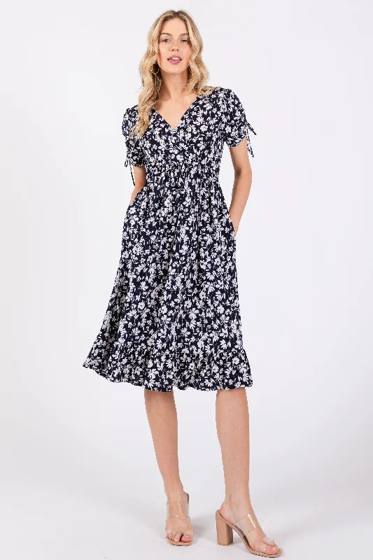 Navy Blue Floral Wrap Midi Dress Fashionable Fitted Midi Dress