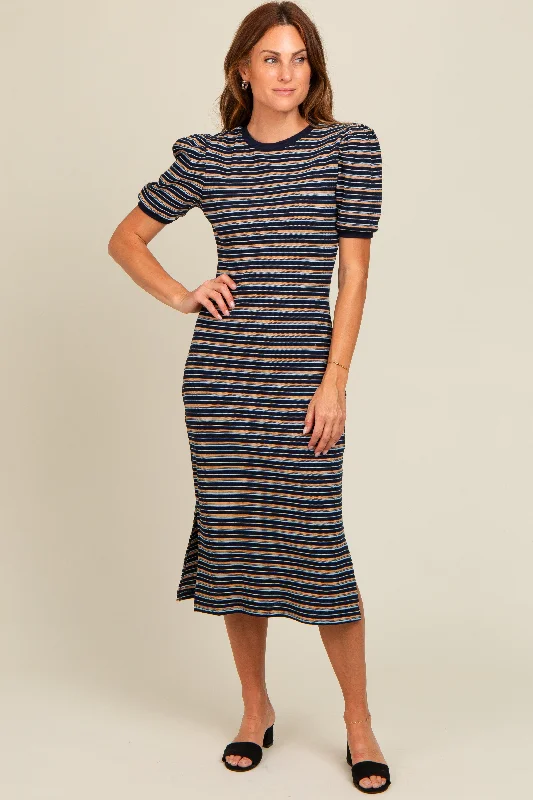 Navy Multi Striped Puff Sleeve Midi Dress Elegant Faux Wrap Midi Dress