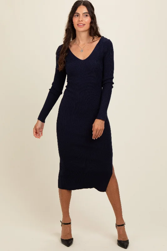 Navy Ribbed Knit Side Slit Midi Dress Stylish Wraparound Midi Dress