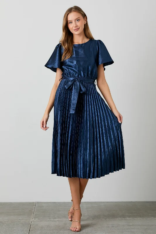 Navy Satin Pleated Sash Tie Midi Dress Trendy Ruched Side Midi Dress