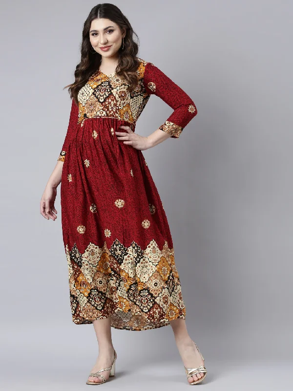 Neerus Maroon Straight Casual Floral Maxi Dresses Comfortable Casual Maxi Dress