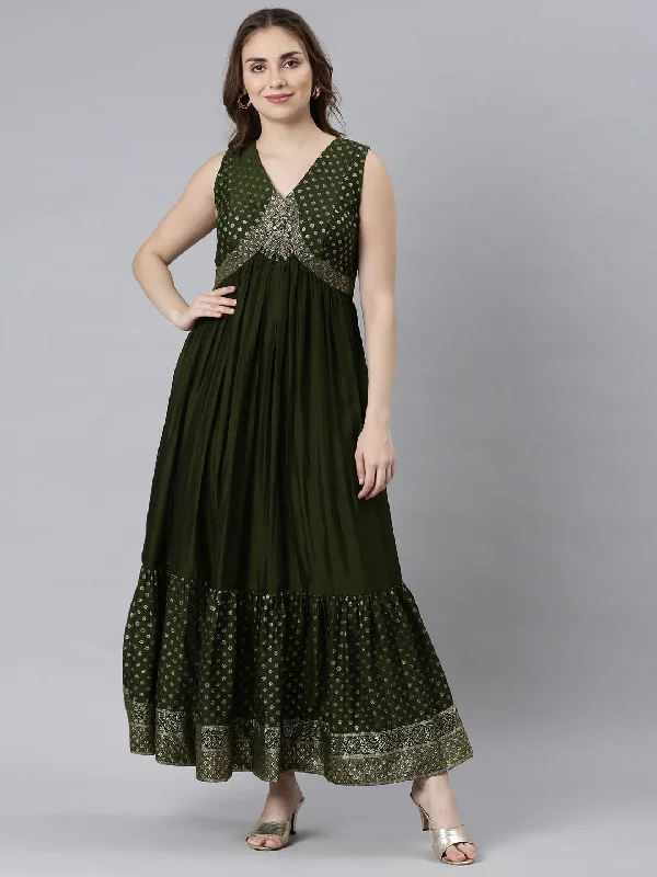 Neerus Mehadi Green Flared Casual Ethnic Motifs Maxi Dresses Comfortable Maxi Dress with Sleeves
