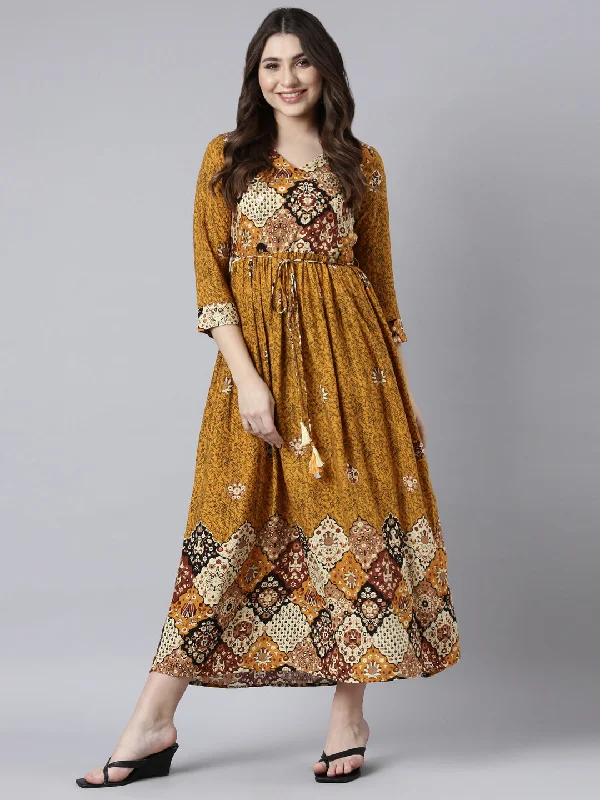 Neerus Mustard Straight Casual Floral Maxi Dresses Fashionable Button-Down Maxi Dress Neerus Mustard Straight Casual Floral Maxi Dresses Fashionable Button-Down Maxi Dress