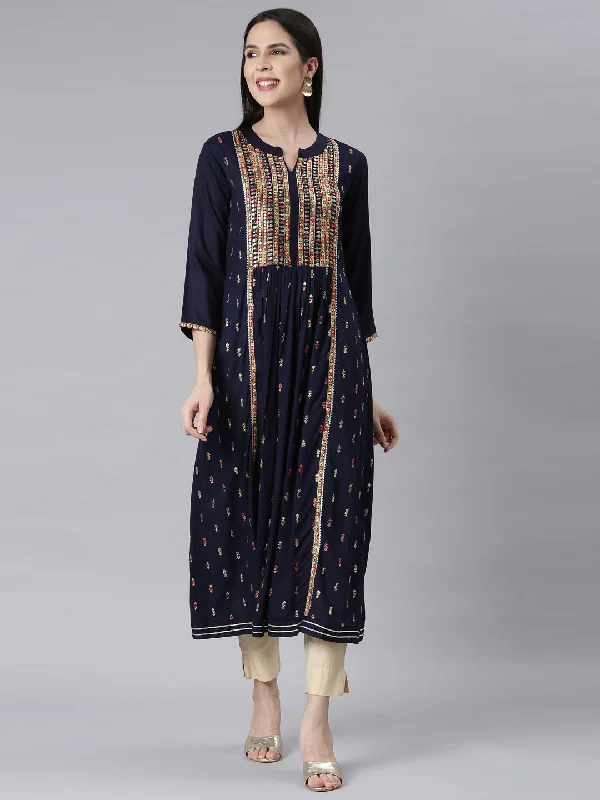 Neerus Navy Blue Curved Casual Ethnic Motifs Maxi Dresses Elegant Maxi Dress with Belt Neerus Navy Blue Curved Casual Ethnic Motifs Maxi Dresses Elegant Maxi Dress with Belt
