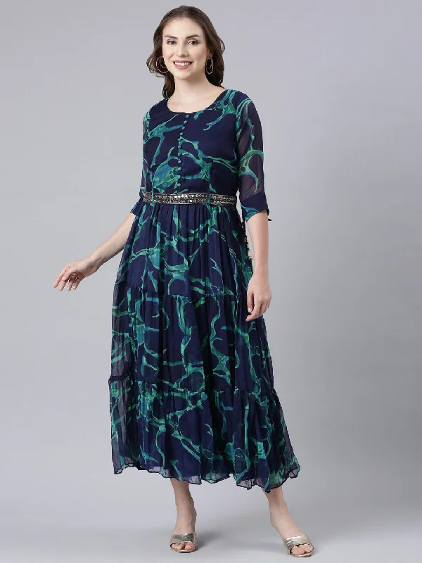 Neerus Navy Blue Flared Casual Tie And Dye Maxi Dresses Stylish A-Line Maxi Dress