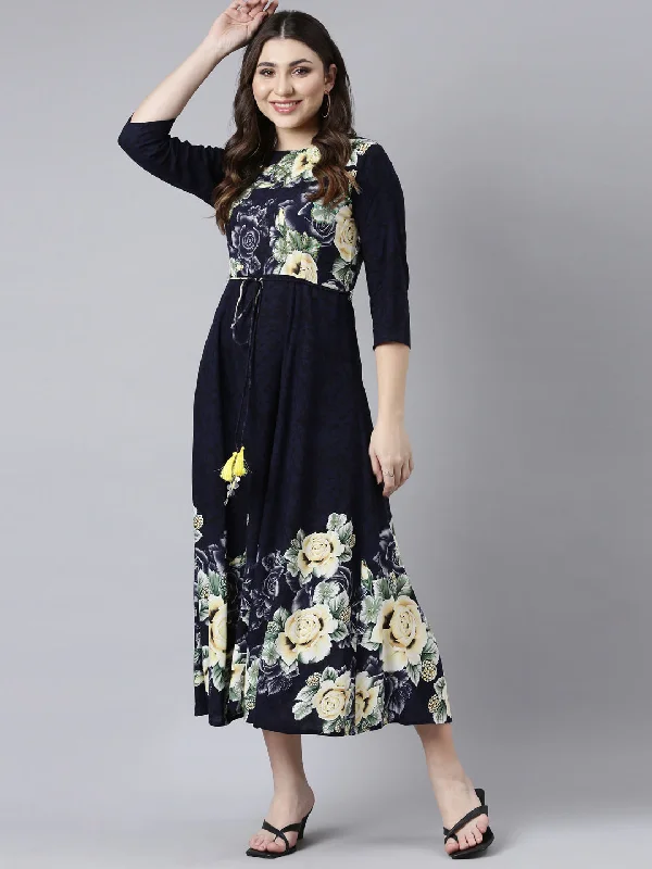 Neerus Navy Blue Straight Casual Floral Maxi Dresses Elegant Maxi Dress with Slit