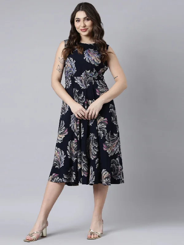 Neerus Navy Blue Straight Casual Floral Maxi Dresses Comfortable Pleated Maxi Dress