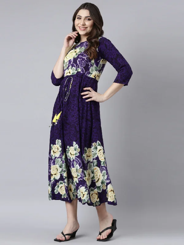 Neerus Purple Straight Casual Floral Maxi Dresses Comfortable Bohemian Maxi Dress