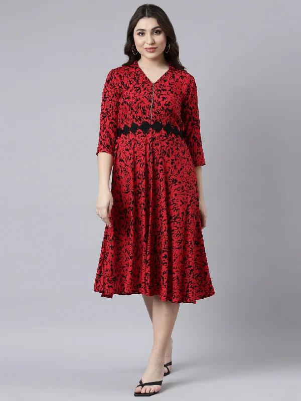 Neerus Red Straight Casual Floral Maxi Dresses Elegant Lace Maxi Dress