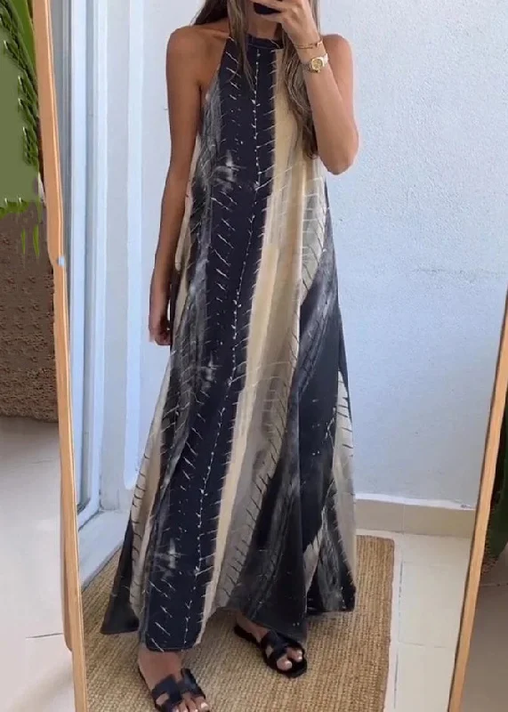 New Colorblock Backless Print Cotton Maxi Dress Sleeveless BB040 Trendy Maxi Dress with Bow