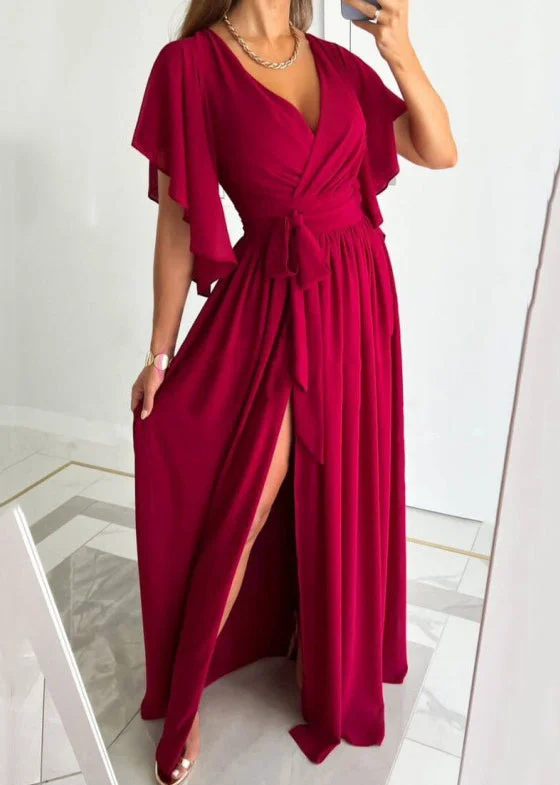 New Red V Neck Tie Waist Side Open Cotton Maxi Dress Summer BB035 Comfortable Maxi Dress with Belt