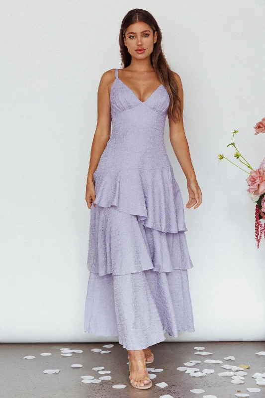 New Vibes Layered Hem Maxi Dress Lilac Chic Boho Print Maxi Dress