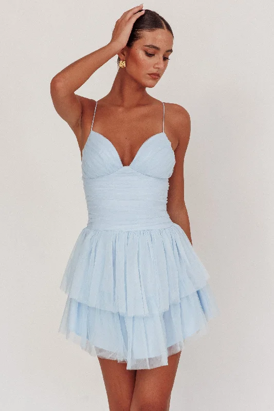 Nightingale Ruched Mesh Mini Dress Baby Blue Classic Shift Mini Dress