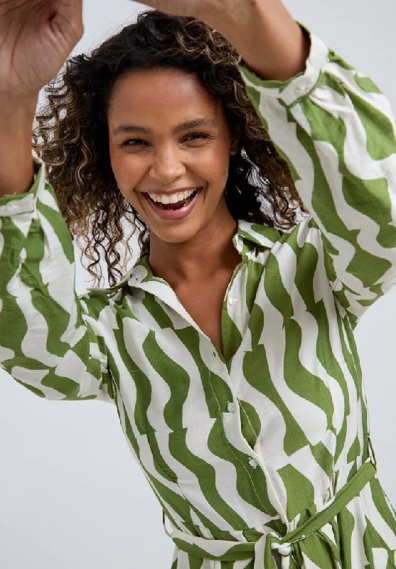 Nora Button Down Abstract Print Midi Dress In Green Fashionable Shift Midi Dress