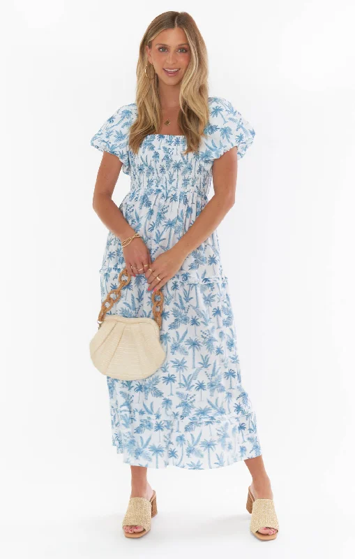 Norma Midi Dress ~ Blue Lagoon Palm Trendy Long Sleeve Midi Dress