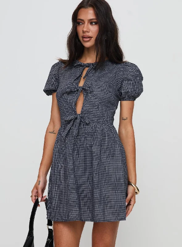 Nurture Bow Mini Dress Navy Check Fashionable Party Mini Dress