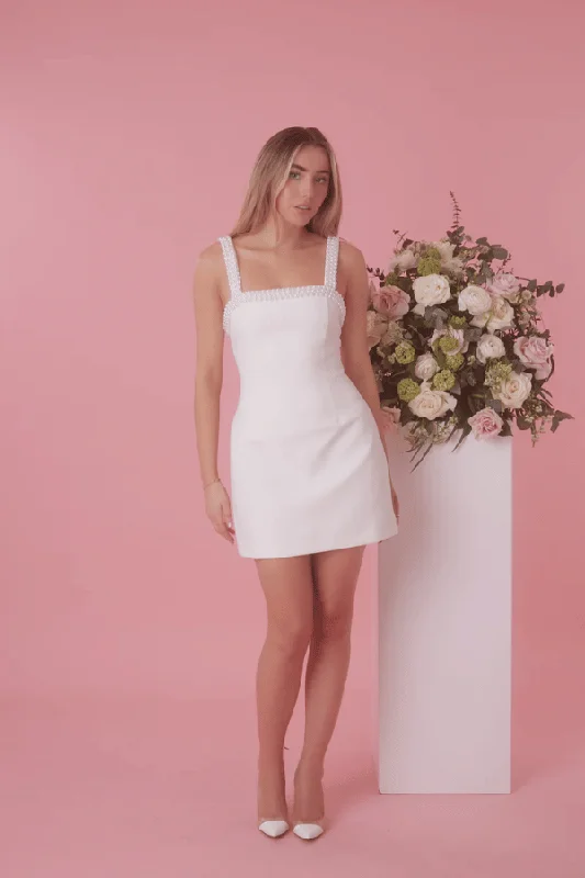 The Ultimate Muse Pearl Trim Mini Dress White Cozy Knit Mini Dress