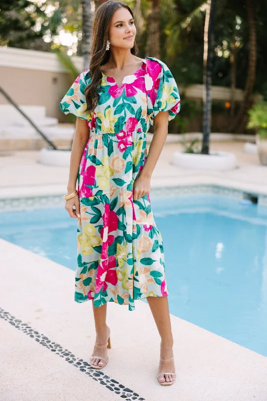Odds Are In Your Favor Mint Green Floral Midi Dress Cozy Spaghetti Strap Midi Dress