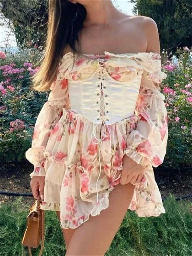 Off-Shoulder 3D Flowers Long Sleeve Mini Dresses Cozy Long Sleeve Mini Dress