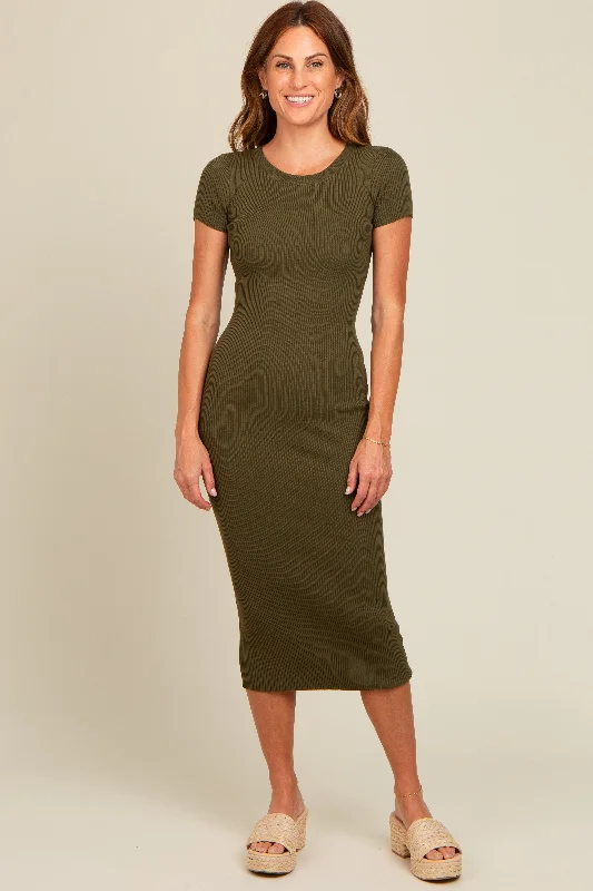 Olive Short Sleeve Rib Knit Midi Dress Trendy Knit Midi Dress