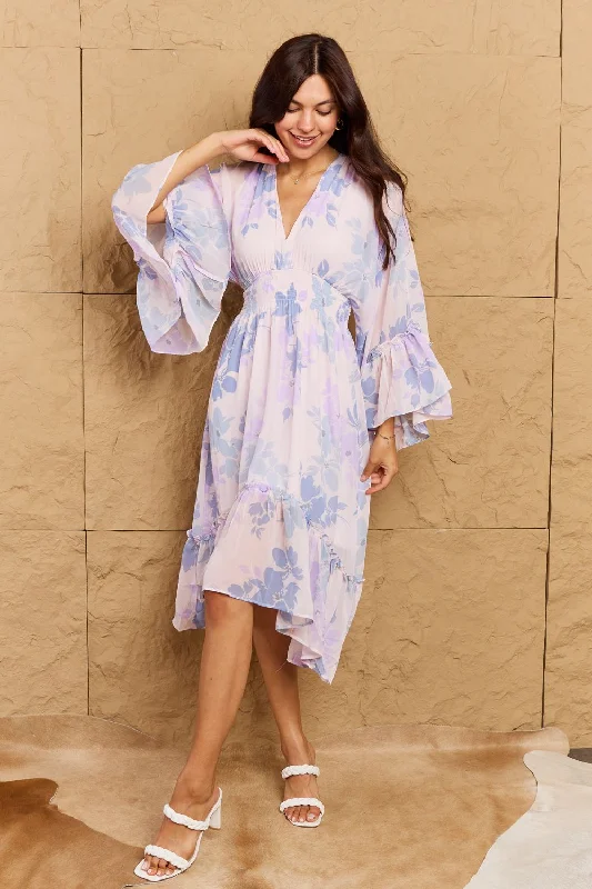 OneTheLand Take Me With You Floral Bell Sleeve Midi Dress in Blue Stylish Color Block Midi Dress