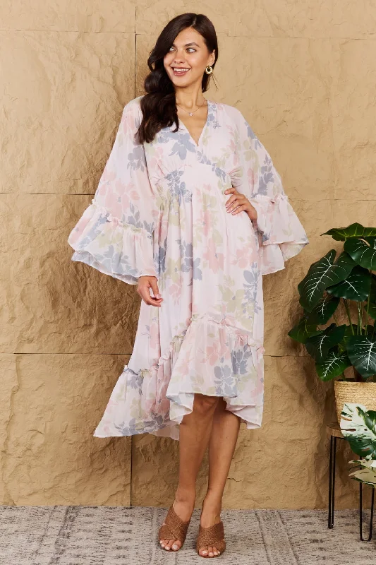 OneTheLand The Right Time Floral Bell Sleeve Midi Dress in Coral Elegant Pleated Sleeve Midi Dress