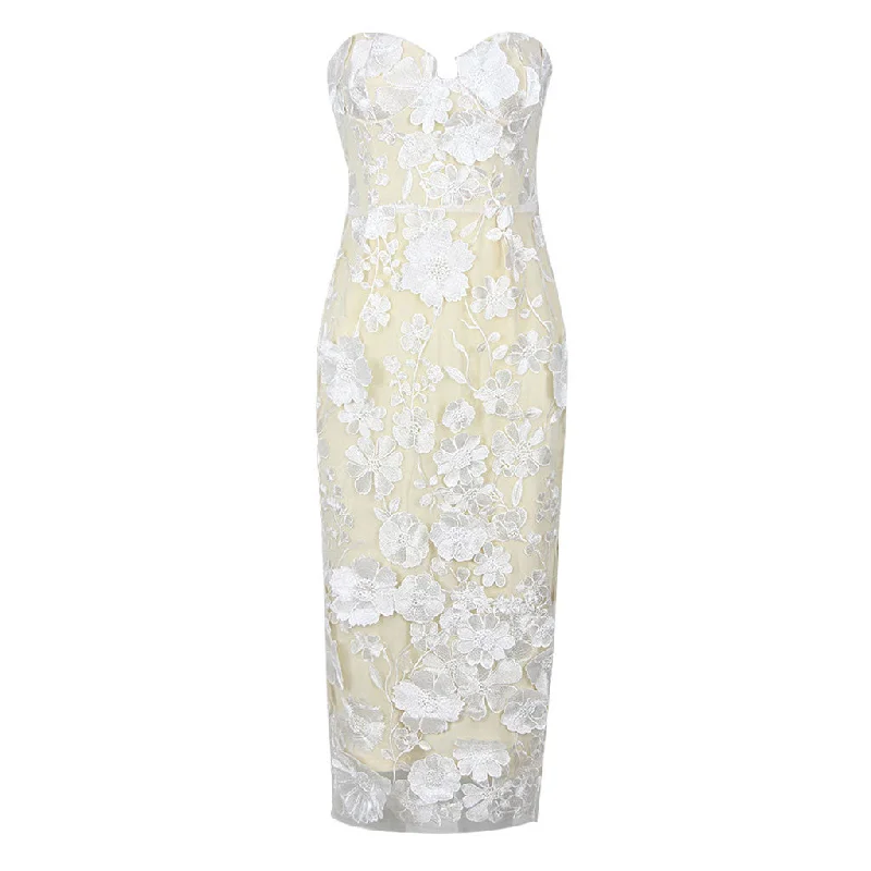 Opulent Notch Sweetheart Strapless Mesh Bodycon Embroidered Floral Midi Dress Chic Floral Print Midi Dress