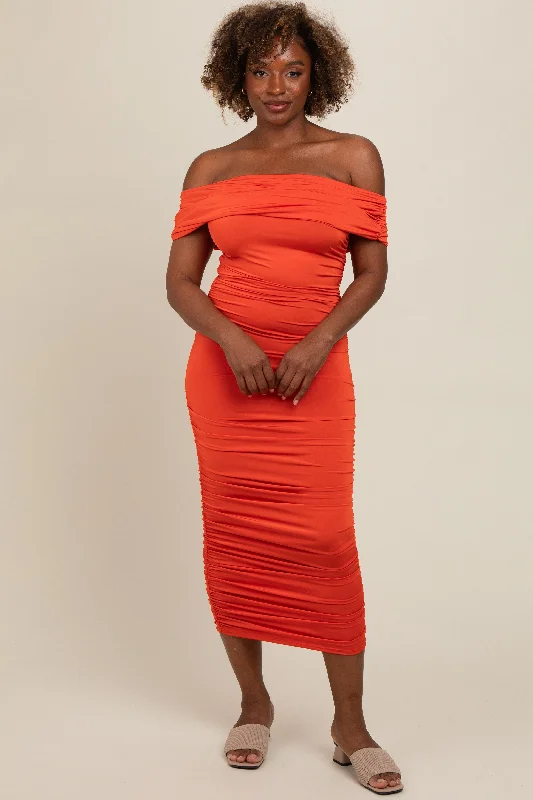 Orange Off Shoulder Ruched Midi Dress Fashionable Wide Leg Midi Dress