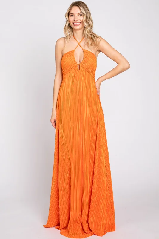 Orange Plisse Halter Back Tie Maxi Dress Comfortable Maxi Dress with Belt