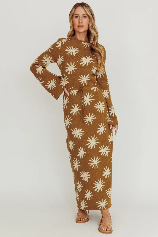 Orleans Star Print Knit Maxi Dress Olive Comfortable Fit-and-Flare Maxi Dress
